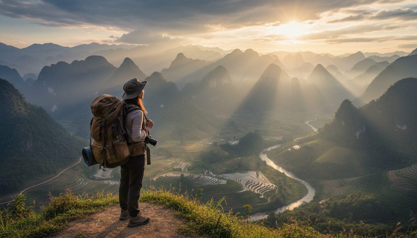 Backpacker looking over a mountain landscape in South East Asia