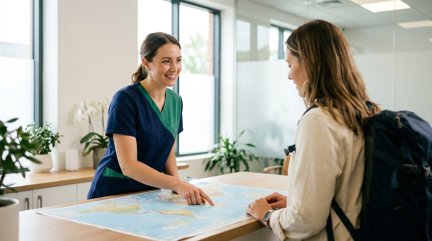 Travel nurse showing a world map to a traveller during a pre-travel consultation